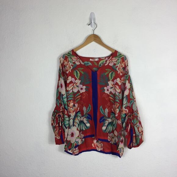 Johnny Was Evy Red Floral 100% Silk Blouse Medium Balloon Sleeve Lightweight - Picture 3 of 14
